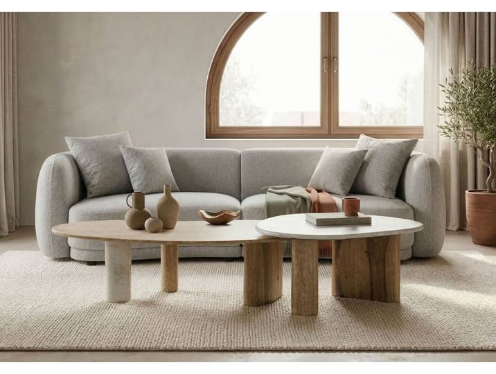 Couchtisch Sheesham 2er-Set natur sandgestrahlt lackiert / Marmor weiß ORGANIC COLLECTION #33