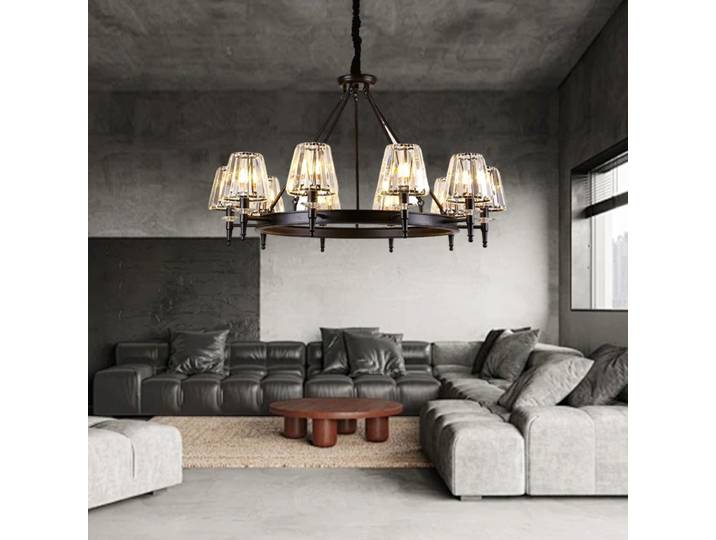 Rétro noir mat rond métal Led Lustre Lustre K9 cristal nuances pendentif lumières éclairage lampes suspendues chambre décor luminaires