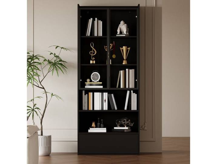 Vitrine haute IVMEU 80 x 34 x 180 cm 1 tiroir portes en verre LED App MDF noir