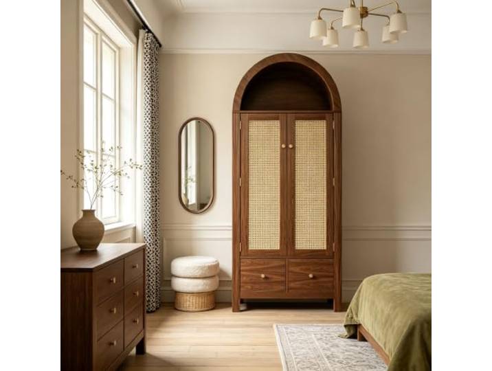 Arcus Gewölbter Kleiderschrank mit Rattan-Türen, 3 Staubereichen, 2 Schubladen für Schlafzimmer & Eingangsbereich (Walnussfarbe)