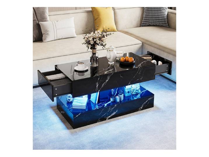ADWOLT Couchtisch Beistelltisch mit LED Beleuchtung und Fernsteuerung (Set, 1-St., Bluetooth-Fernbedienung.App-Steuerung), Sofatisch mit 2 Schubladen,Schwarz