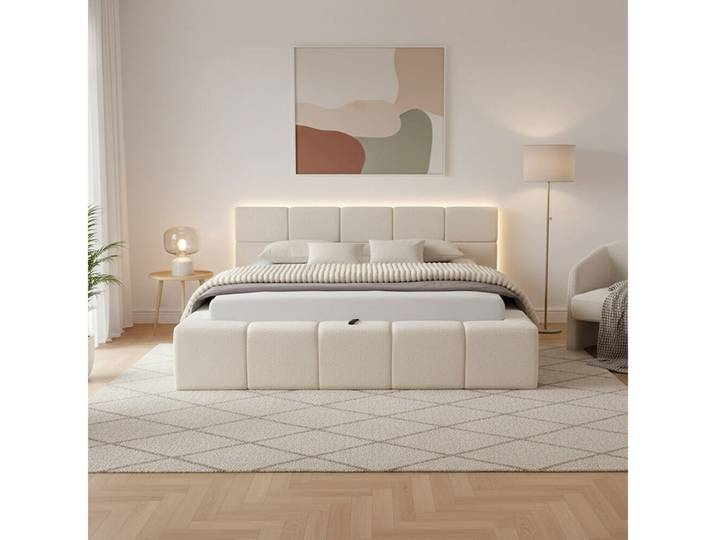 HOME DELUXE Polsterbett LED-Bett aus Teddy-Stoff mit Ablage GALA