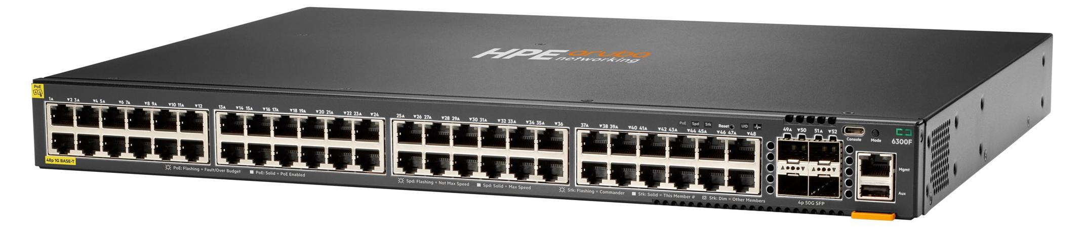 HPE Aruba Networking Aruba 6300F 48-port 1GbE Class 4 PoE & 4-port SFP56, Managed, L3, Gigabit Ethernet (10/100/1000), Power over Ethernet (PoE), Rack-Einbau, 1U
