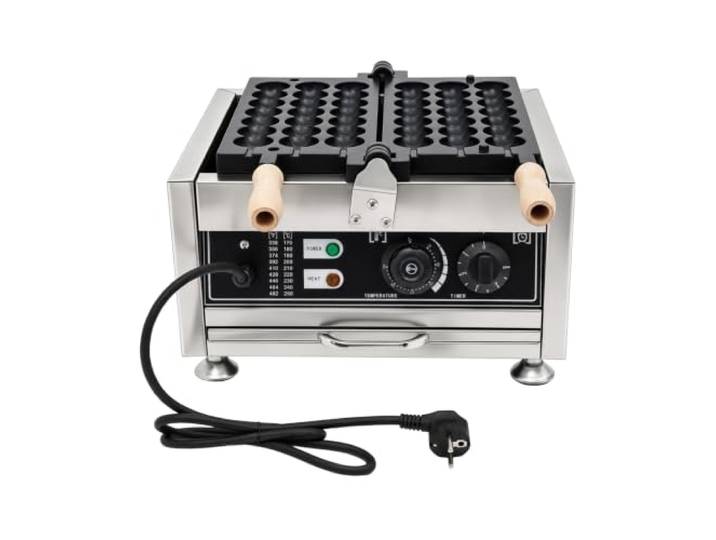Waffeleisen, Kommerzieller Waffelmaker, Stockkugel-Waffelmaker 38x33,6x22 cm, für Zuhause und Straßenverkauf, 201 Edelstahl, Aluminium, Holz, 50-300 °C, 1-5 min, 3 Spieße
