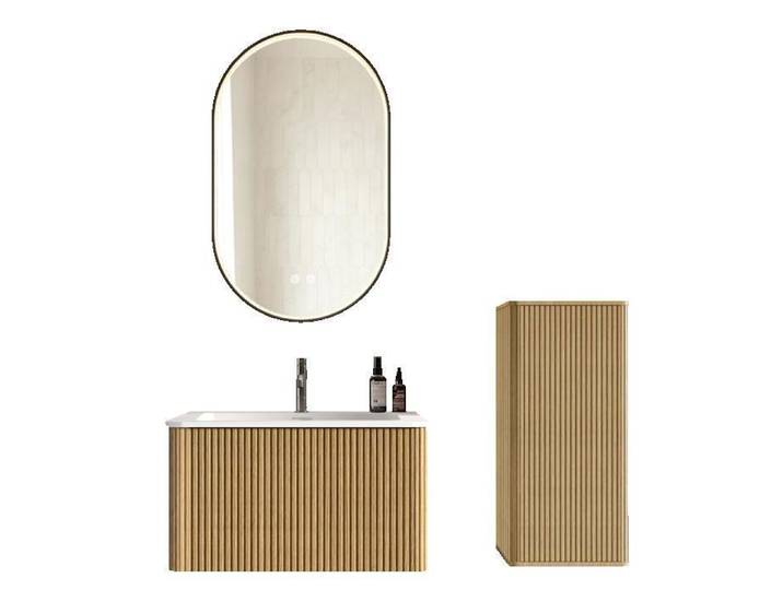 ROVRYN Ensemble meuble de salle de bain suspendu 81 x 46 5 x 37 cm avec lavabo meuble latéral et miroir ovale MDF effet chêne