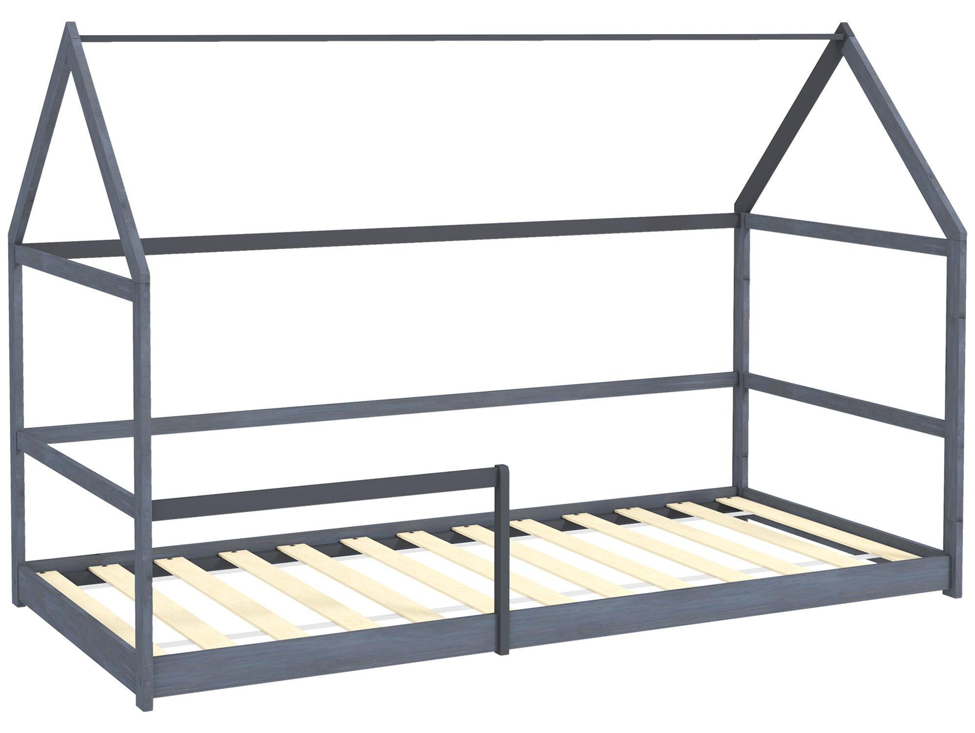 Kinderbett 90x190 cm - Holz-Baumhaus-Kinderbett in Grau mit Schutzgitter, Lattenrost und Dach