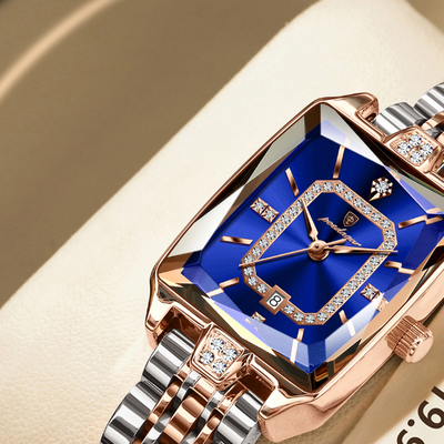 Youfap Market Elegant Waterproof Calendar Watch, Stainless Steel Quartz, Luxury Watch For Women gold Blue