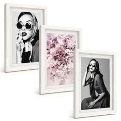 BILDER SET 3er Set - 20x30 cm Weißer Rahmen - Stilvolle Porträts von Frauen mit Blumen