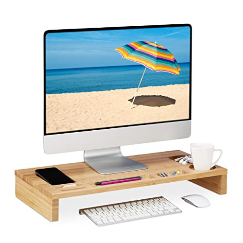 Relaxdays monitorstandaard bamboe met 7 vakken, natuur