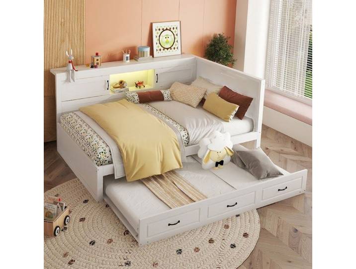 Canap lit gigogne 140x200+90x190cm lit 2 places convertible avec lumire LED+USB canap-lit rembourr avec sommier lattes blanc
