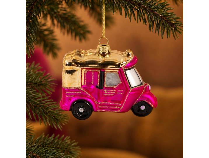 Tuktuk-Weihnachtsornament aus fuchsiafarbenem und goldenem Glas
