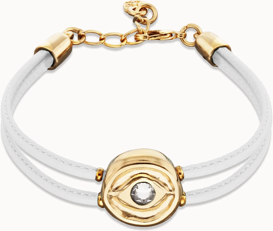 UNOde50 Pulsera doble de cuero blanco con ojo bañado en oro 18k Blanco M