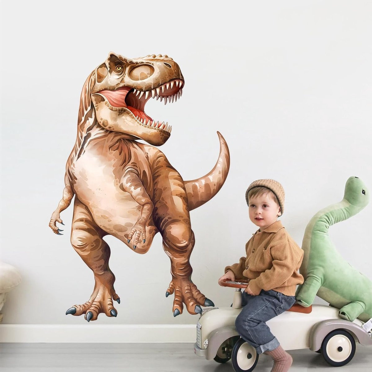 Grote Bruine Dinosaurus Wandsticker - T-Rex Decoratie voor Kinderkamers en Peuterspeelzalen - Prehistorische Dieren Muurdecoratie