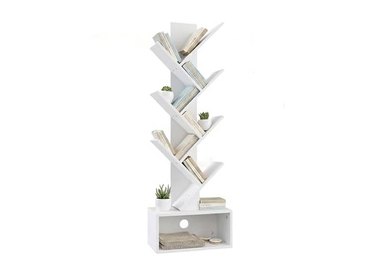 Relaxdays Bücherregal, 6 Ebenen, HBT: 113x38x20 cm, Baum-Design, Bücher & CDs, mit Stauraum, Wohnzimmerregal, Farbwahl