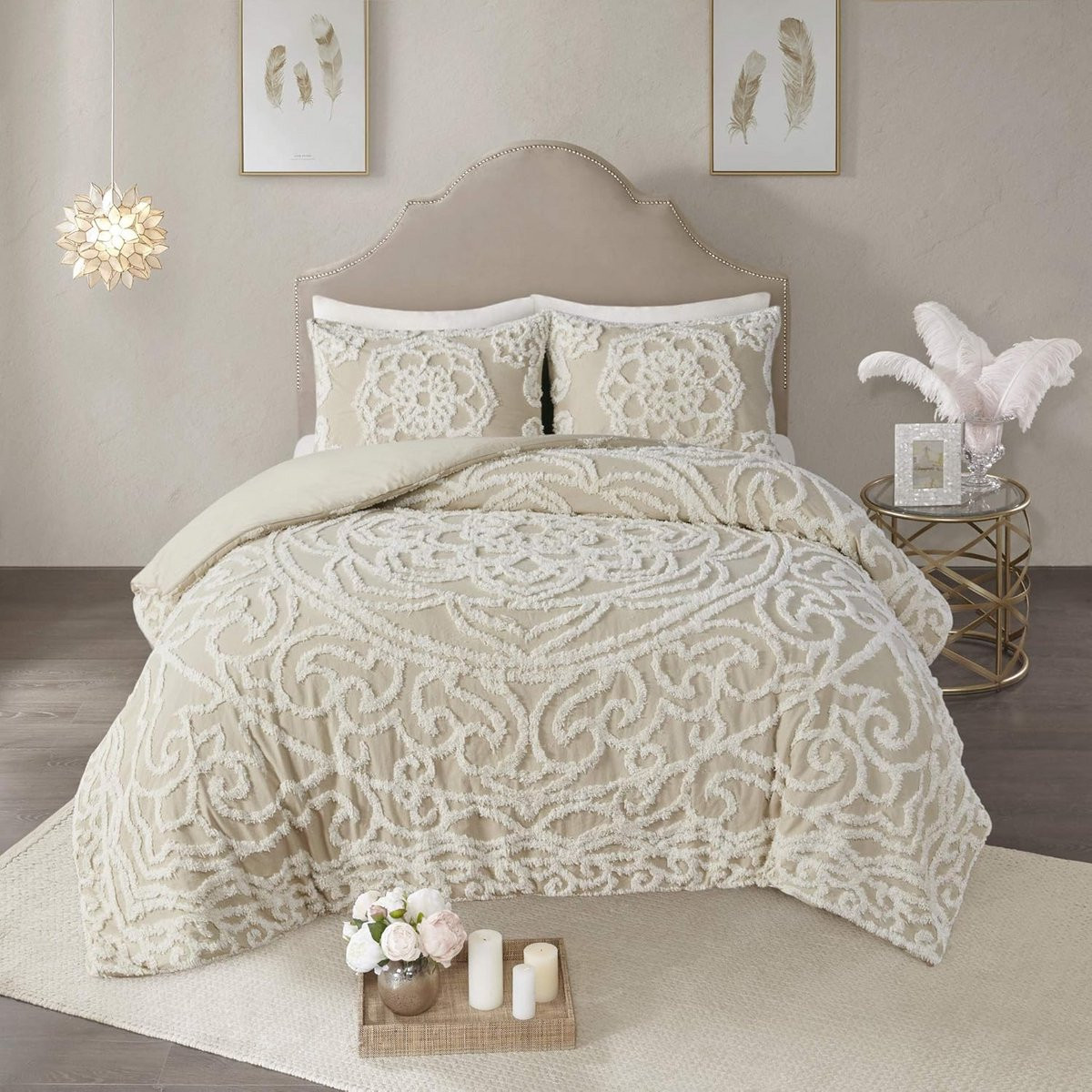 Boheemse Getufte Katoen Dekbedovertrek Set met Medaillon Patroon - 3 Delig - Kingsize - Taupe