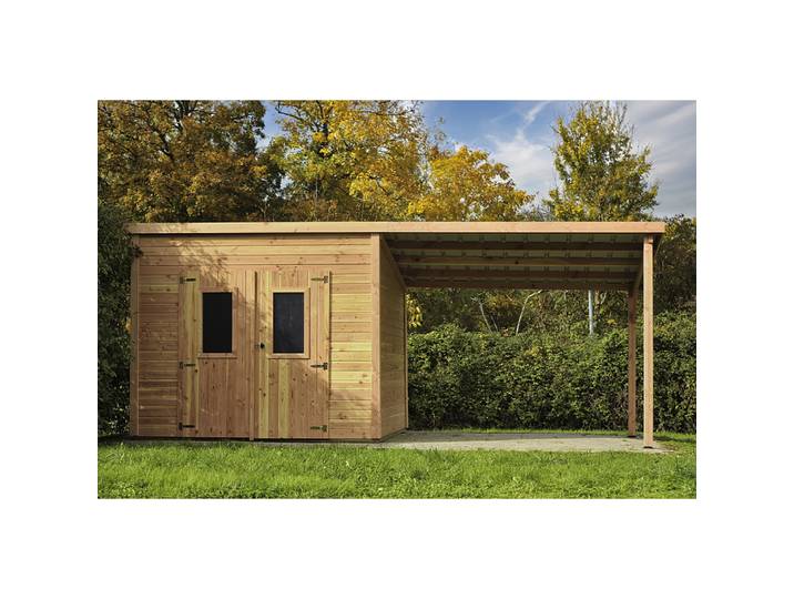 Abri Madriers bois massif / 28 mm / surface extérieur 18,06 m2 / Toit monopente / Toiture plaques polycarbonate