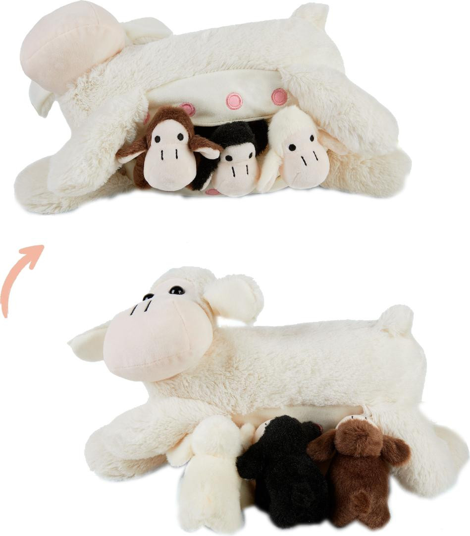 Mamanimals Schaap knuffelset met 3 babyschapen, pluche knuffeldier met magnetische sluiting en opbergruimte in de buik