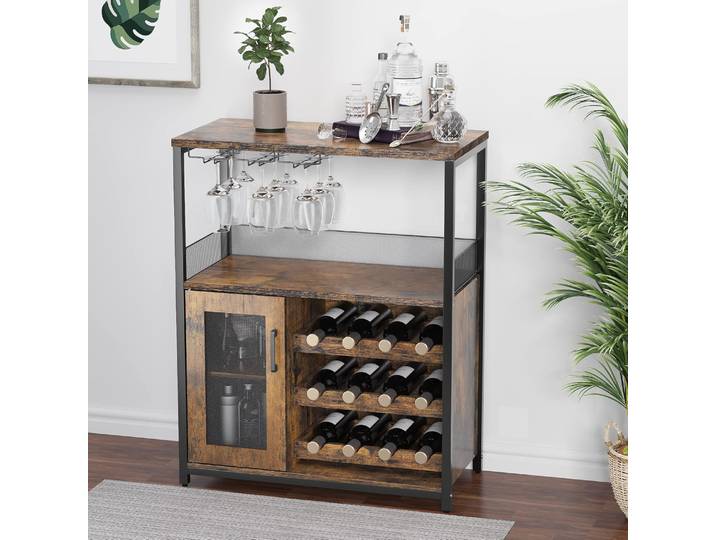 Buffet industriel, armoire à vin avec grand espace de rangement, support détachable avec support en verre et porte en maille