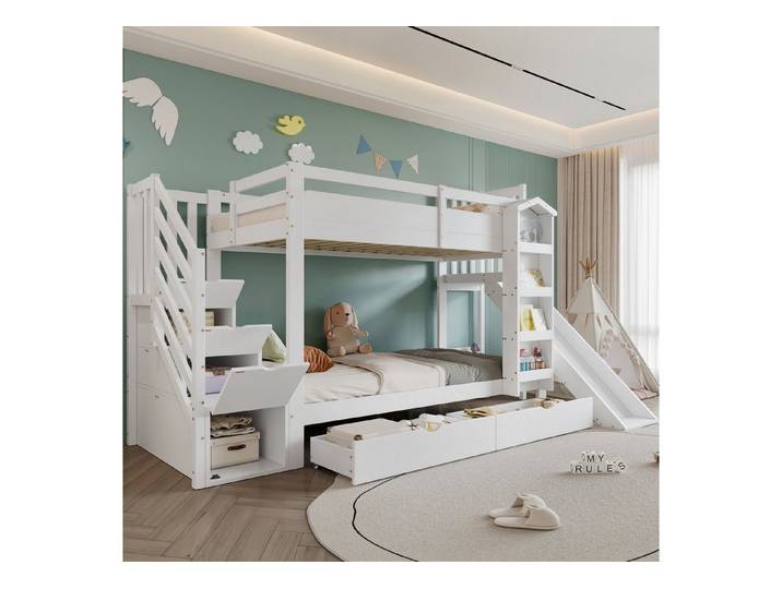 Merax Etagenbett 90x200cm (Kiefernholz Jugendbett Stockbett Doppelbett Hausbett, 1-St), Kinderbett mit Bilderbuchregal, Rutsche, Stauraumtreppe & 2 Schubladen