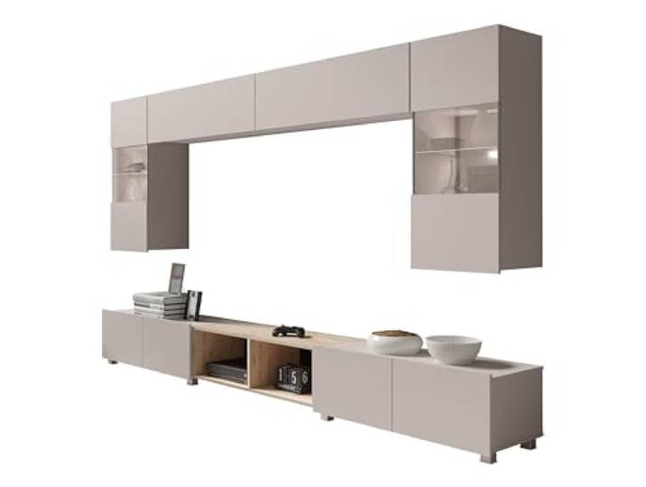 Mirjan24 Wohnzimmer-Set Calabrini XXIV, Anbauwand Wohnwand Fernsehschrank Mediawand Hängeschrank, TV Schrank, Hängevitrine, Wandregal (Cashmere + Eiche Artisan, mit weißer LED Beleuchtung)