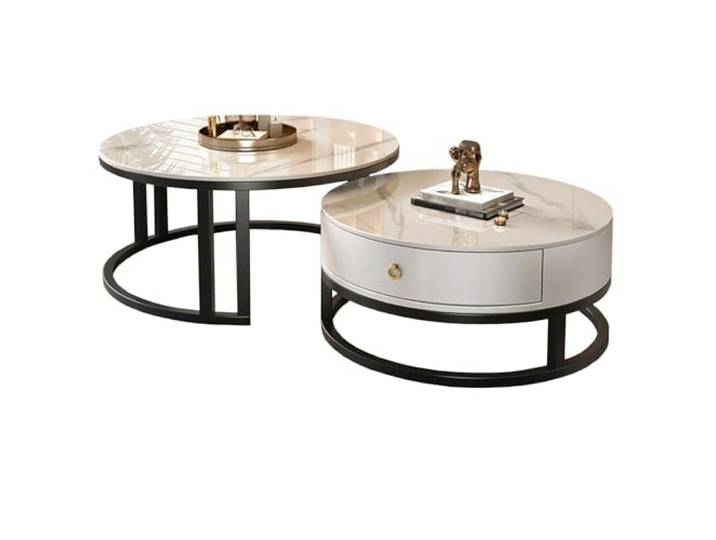 SCBTGKLN Satztisch-Couchtisch, 2er-Set, Wohnzimmertisch Rund mit Schublade, Moderner Beistelltisch mit Metallrahmen-Akzent, Couchtische for Wohnzimmer, Wohnung(White)