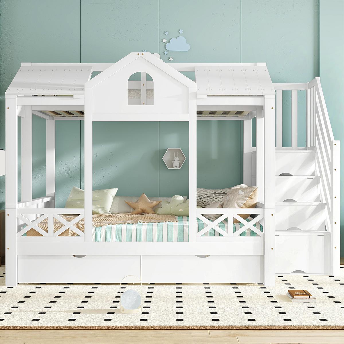 Kinderbett mit Schöne Fenster und Dach Treppenhausschrank Etagenbett Jugendbett 90x200cm & 140x200cm Weiß