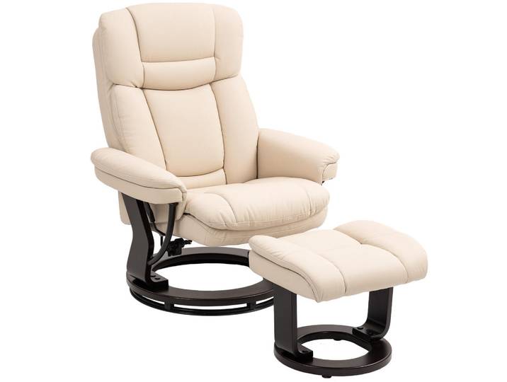 Homcom Relaxsessel mit Hocker drehbarer Fernsehsessel mit Liegefunktion Taschenfeder, Creme, Leder, 83x107x86 cm, Wohnzimmer, Sessel, Relaxsessel