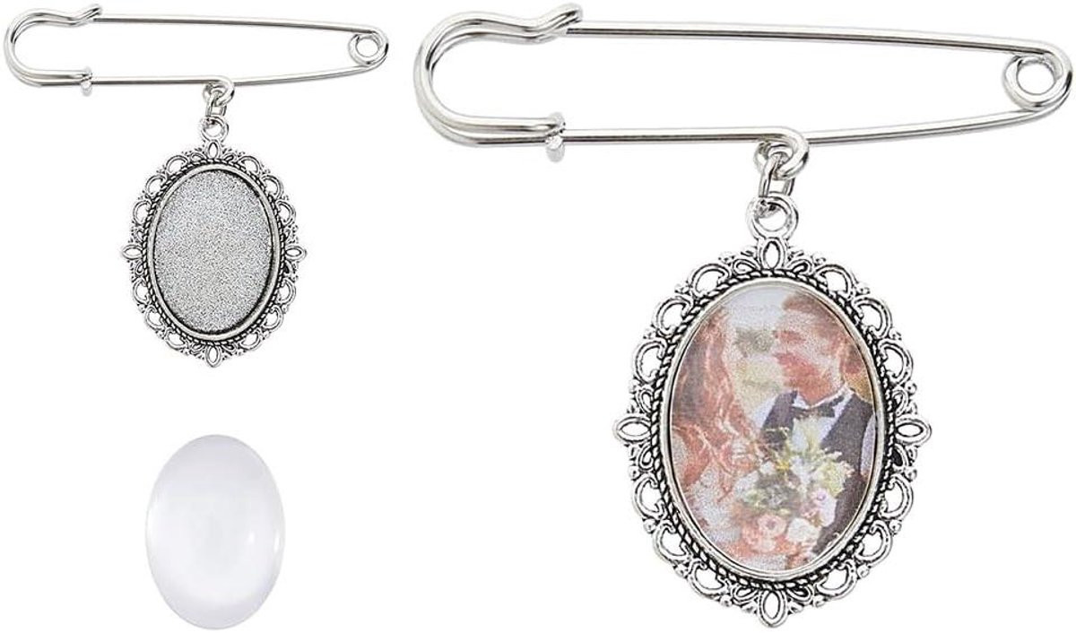 Zilverkleurige Foto Bedels Set voor Bruiloft en Bruidsboeket met Fotolijstje, Lengte: 55 mm