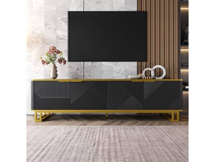 Merax TV-Schrank 160x37,5x48 cm mit geometrischer Textur, Eisenrahmen & Kabeldurchlässen – modern, Schwarz/Gold