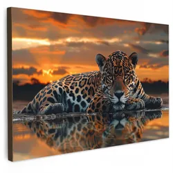 LEINWANDBILD Natur - Leopard - Tier - Sonnenuntergang - Modern Wohnzimmer Groß 120x80 cm
