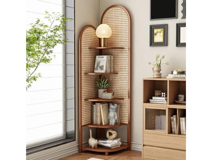 Dexinhdh 5-stöckiges Eckregal Aus Rattan, Mehrstöckiger Eck-Organizer Für Das Wohnzimmer, Bambus Kombiniert Mit Rattan, Großzügige Arbeitsfläche, Passt In Enge Räume(A)