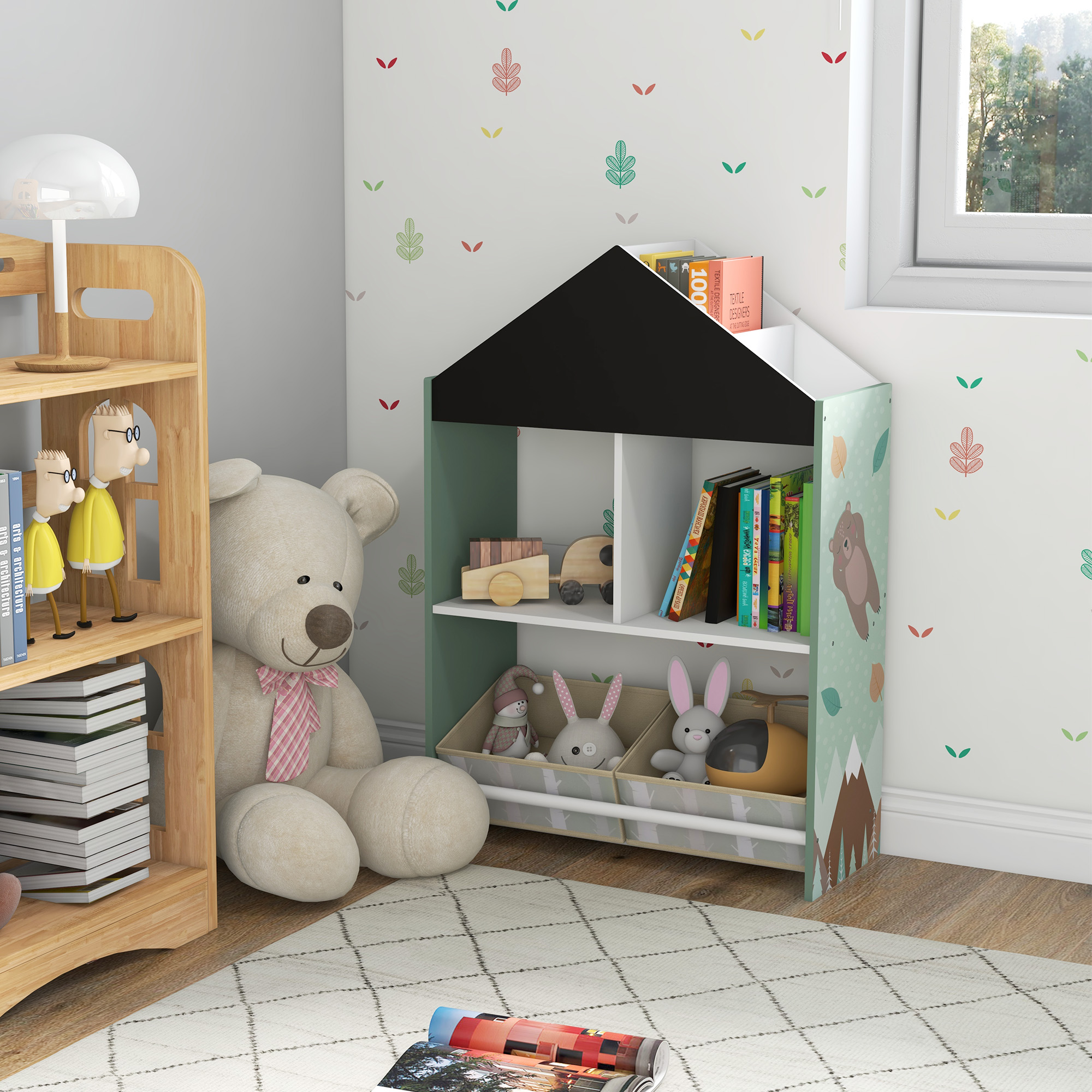 Zonekiz Libreria Portagiochi Vivace per Bambini, Design con Ripiani e Cassetti Rimovibili, Soluzione Salvaspazio, Colore Allegro - Verde Aosom Italy