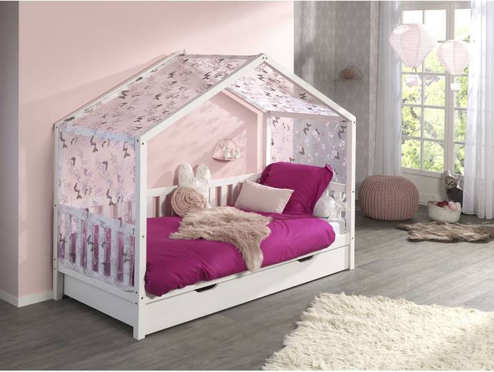 Hausbett VIPACK Dallas, mit Dachaufbau, Kiefer massiv, stabil gebaut , weiss (weiß), B:97cm H:170cm L:210cm, Textilhimmel 100% Polyester, Betten, Hausbett, wahlweise mit oder ohne Bettschublade und Textilhimmel