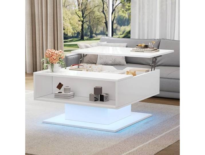 Merax Couchtisch mit Höhenverstellbarer Platte, Moderner Hochglanz Wohnzimmertisch mit LED, Sofatisch Kaffeetisch mit Versteckte & offene Stauraum, Rechteckiger Beistelltische für Wohnzimmer, Weiß