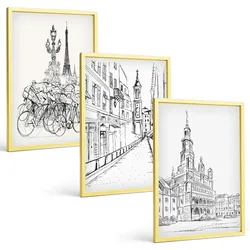 BILDER SET 3er Set - 40x60 cm Goldrahmen - Einfache Zeichnungen von Stadtlandschaften