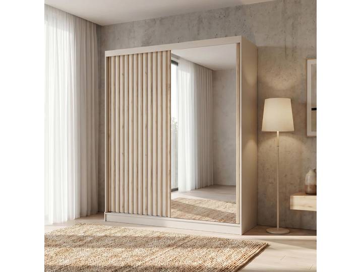 BEAUTYSOFA Kleiderschrank DONATELLO 180 cm Kaschmir/Artisan mit Spiegel und Lamellen Schwebetürenschrank modern
