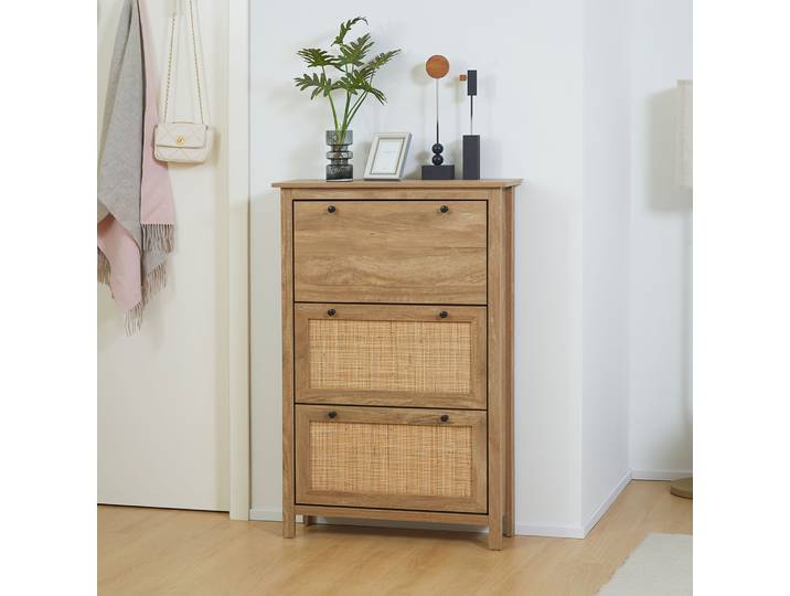 HOMCOM Meuble Chaussures Bois Rotin 3 Portes Naturel