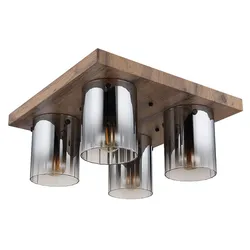 Deckenleuchte Deckenlampe Wohnzimmerlampe Holzoptik Glas Rauchfarbe 4-Flammig