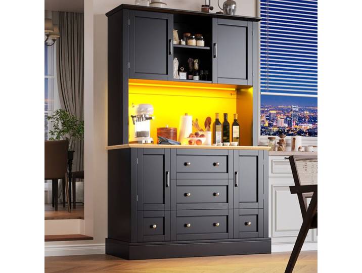 MEUVYX Vitrine haute avec 4 portes 5 tiroirs et niches ouvertes LED avec application pour salon 115 × 40 × 180 cm