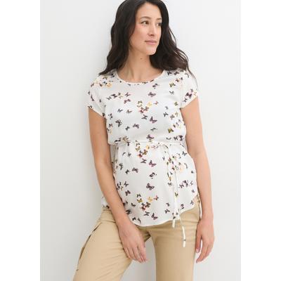 Umstandsbluse BONPRIX, Damen, Gr. 52, bunt (wollweiß), Web, Obermaterial: 100% Viskose, bedruckt, figurumspielend hüftbedeckend, Rundhals, Blusen, figurumspielende Passform, mit kurzem Arm, mit Bindeband