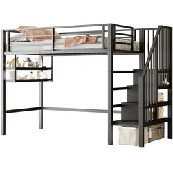 STILVORA Hochbett 90x200 Metallrahmen mit Einlegeböden, Stauraumleiter, offener Bereich, Regale, Geländer, Multifunktional, Schwarz