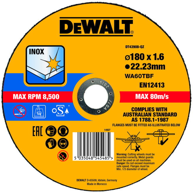 Disque à tronçonner DEWALT High Performance acier inoxydable plat 180x1,6mm (DT43908-QZ)