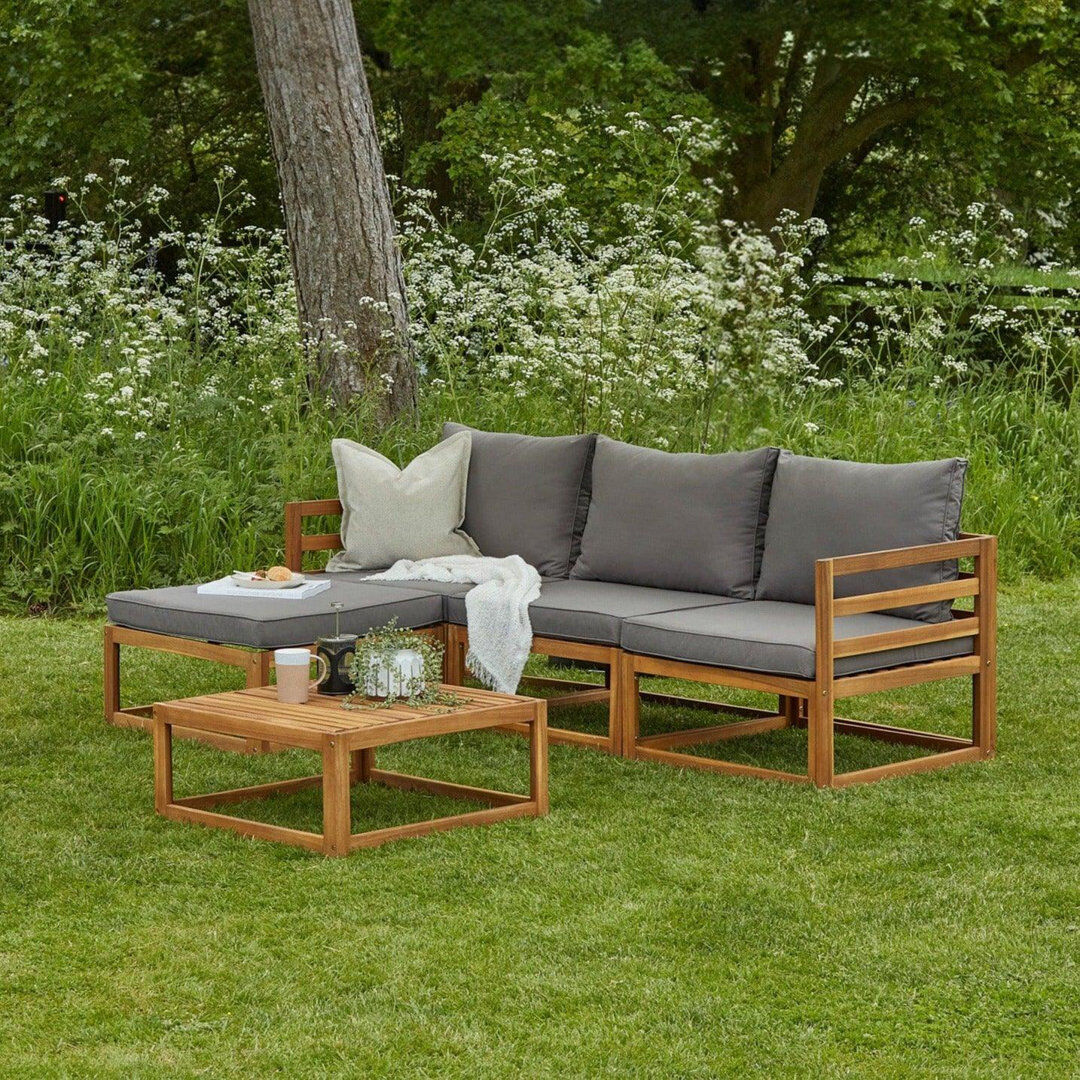 17 Stories Rimasha 3 Seater Wooden Garden Sofa Set with Footstool & Coffee Table Grey 3