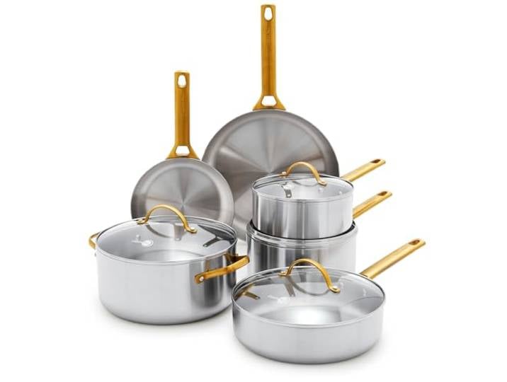 GreenPan 10-teiliges Kochgeschirr-Set aus Edelstahl, dreilagig, pfas-frei, induktions-, ofen- und grillfest bis 315 °C, hitzebeständiger Kern, spülmaschinenfest, Glasdeckel