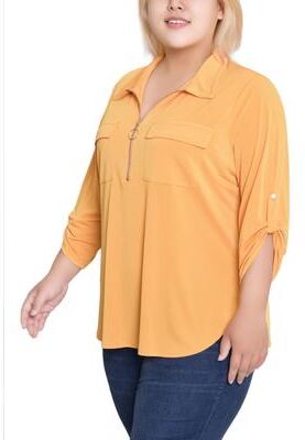 NY COLLECTION Plus Size 3/4 Roll Tab Zip Front Top