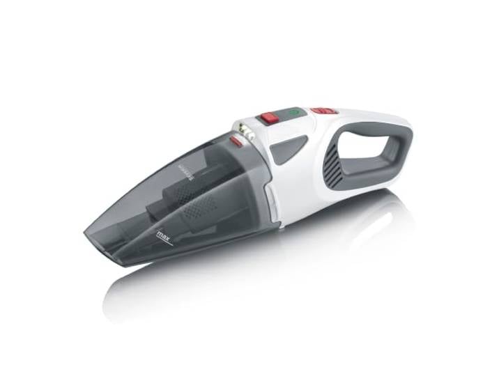 Severin 4-in-1 Akku-Handstaubsauger, kabelloser Nass- & Trockensauger für Autositze, Handsauger für Tierhaare & Flüssigkeiten, bis zu 30 Min Laufzeit im Eco-Mode, weiß-graurot, HV 7146