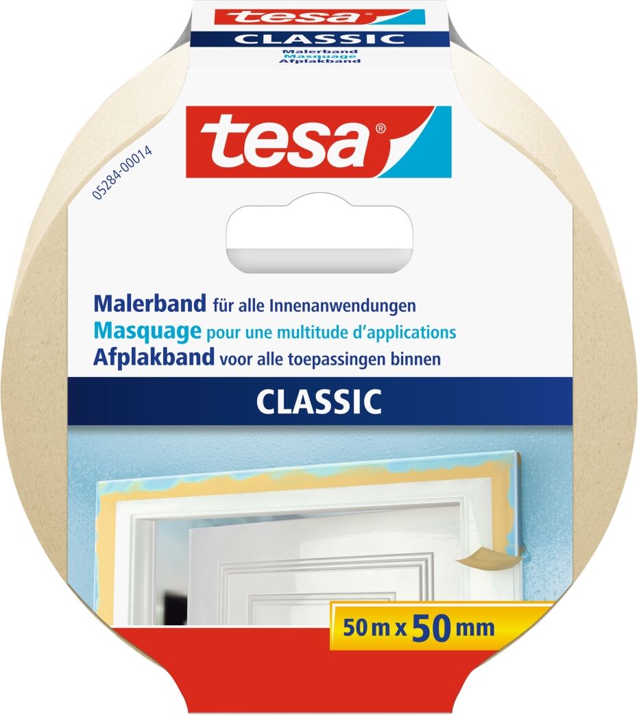 tesa CLASSIC Malerband, Kreppband, Klebeband, beige, lösungsmittelfrei, 50 m x 50 mm