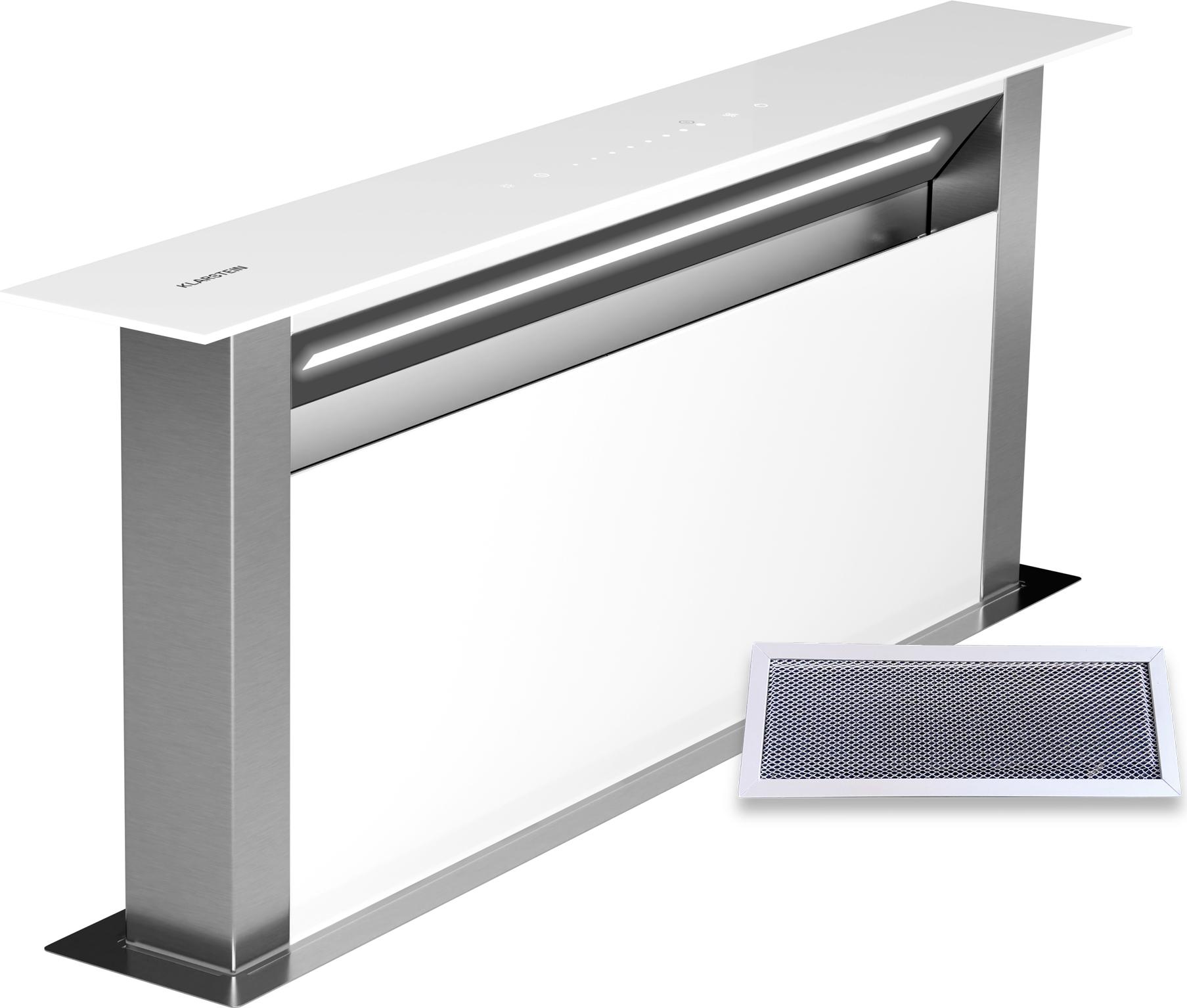 Klarstein Royal Flush Eco 75 Downdraft Dunstabzugshaube - Energieeffizient, 714 m³/h Luftstrom, Touch-Bedienfeld, LED-Licht, Edelstahl & Glas, Weiß