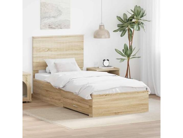 RJPLMFV Bettgestell Sonoma-Eiche, 90 x 190 cm, Holz Mit Aufbewahrungsschubladen, modernem Kopfteil, silberfarbenen Griffen, pflegeleicht