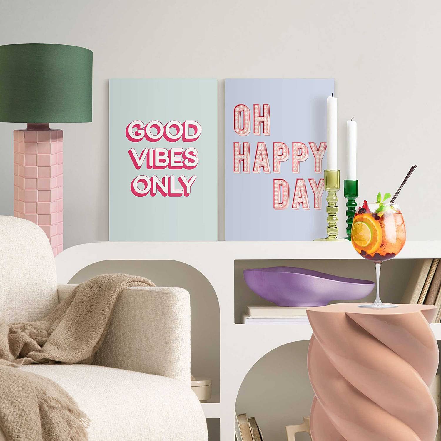home24 Set afbeeldingen Happy Vibes 2-delig MDF houten lijst, roze